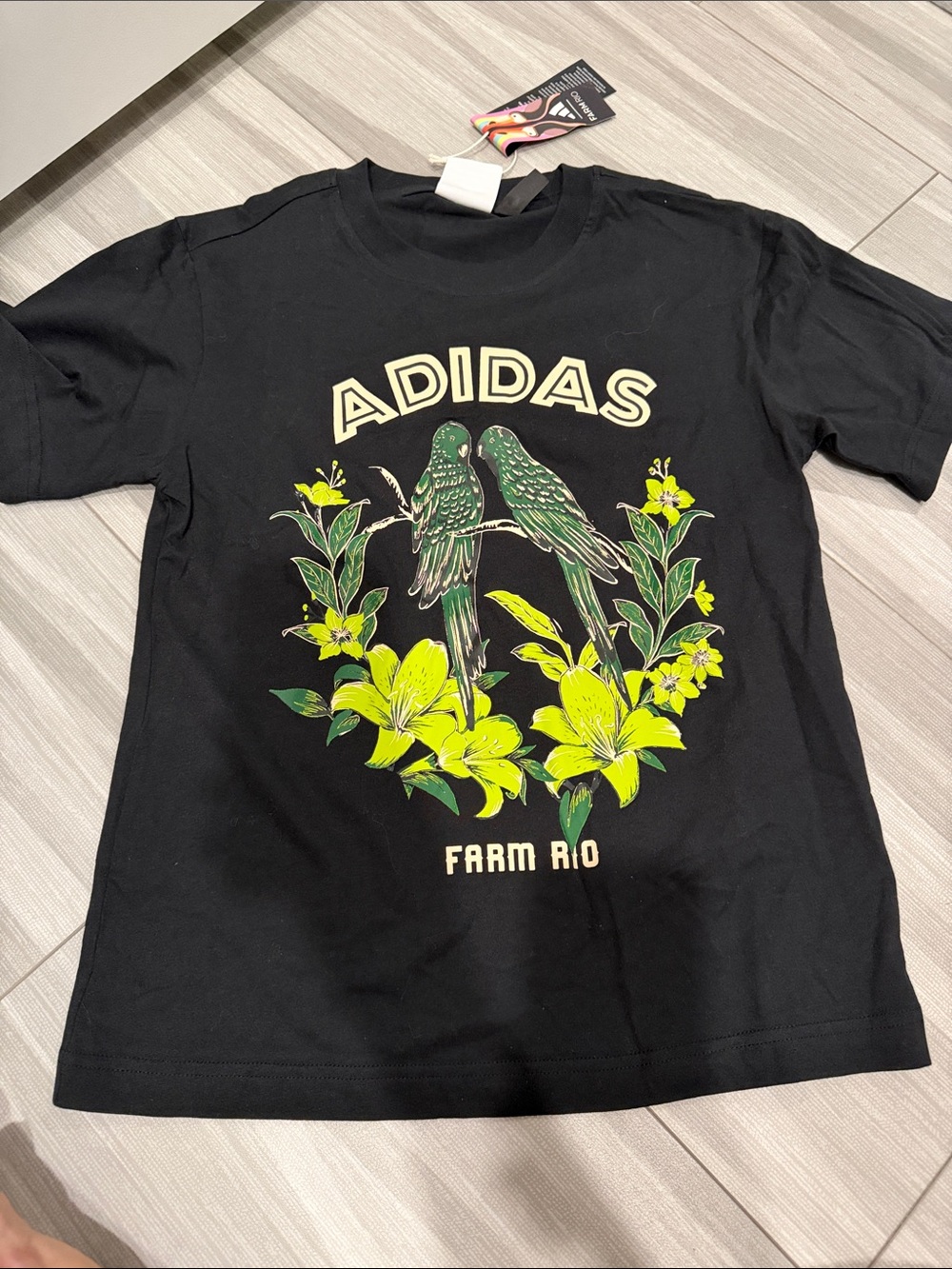 adidas Farm Rio Black Short-Sleeve Tee with Green & Yellow Parrot Graphic